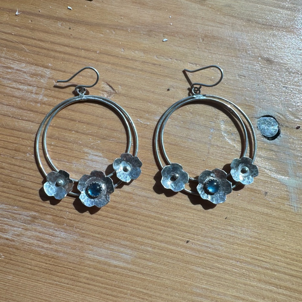 Sterling Silver Floral Hoop Earrings with blue stone